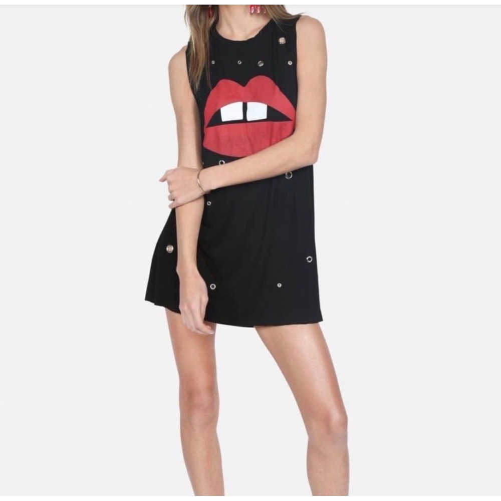 Lauren Moshi Deanna Swing Dress Black Red Lips Grommet Mini XS